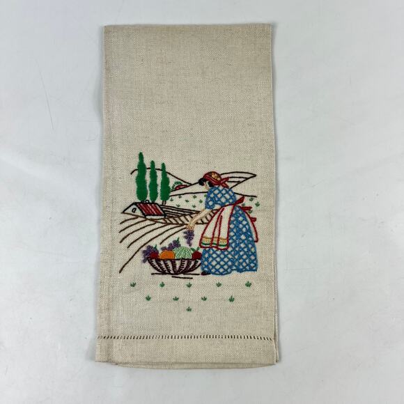 Vintage Czechoslovakia Linen Dish Towel Embroidered Farm Woman Scene 20x30" - Picture 2 of 5